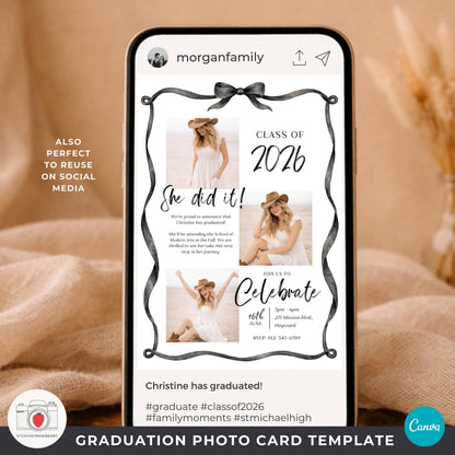 High school graduation photo invitation with classy black bow accent.