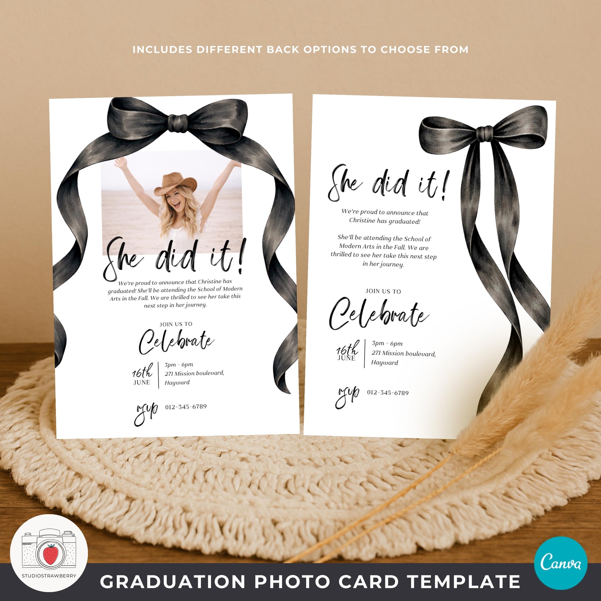 Senior graduation announcement template with black ribbon border and multiple image layout.