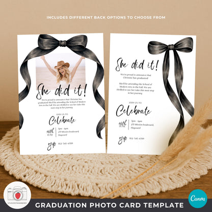 Senior graduation announcement template with black ribbon border and multiple image layout.