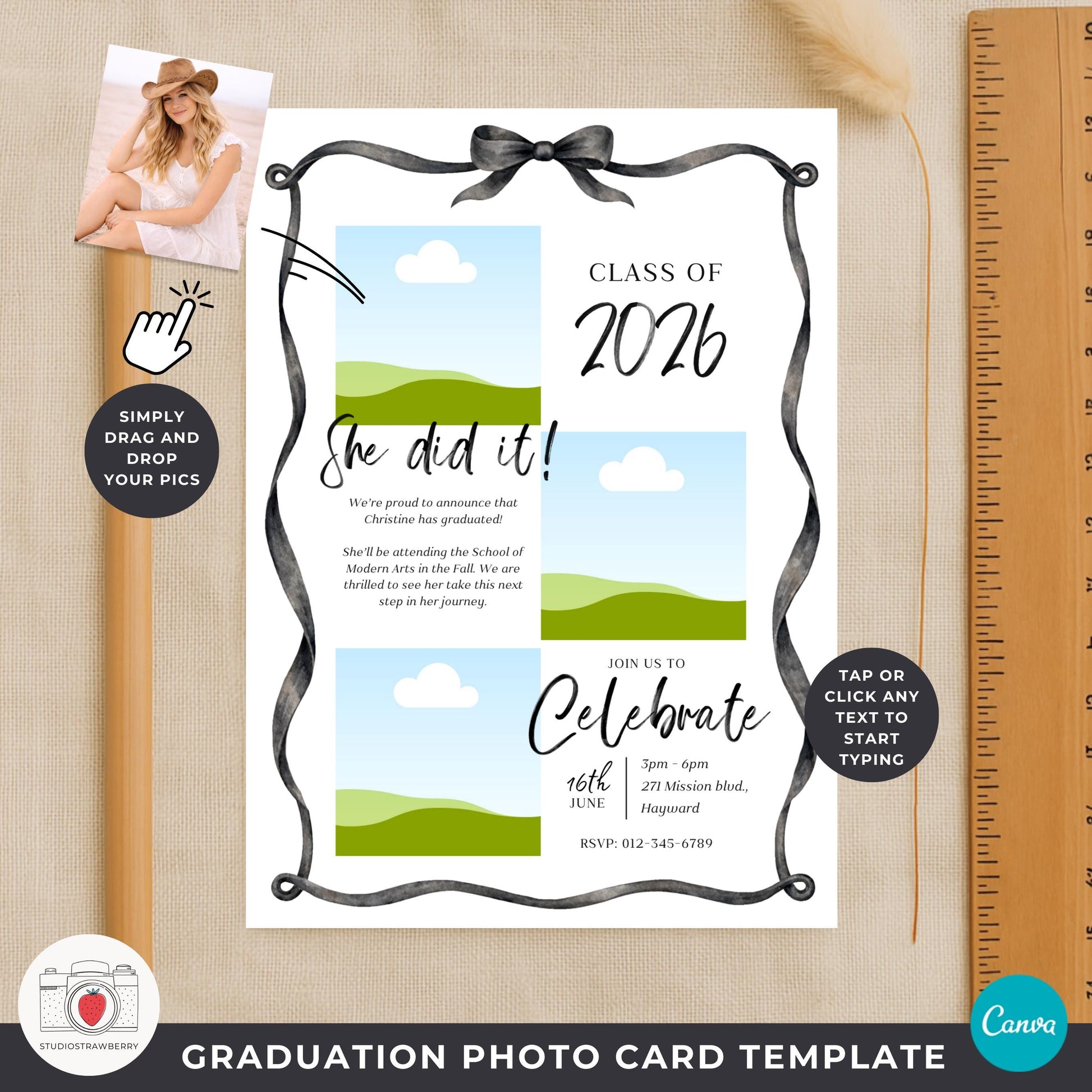 Class of 2026 photo graduation card with bold black ribbon and modern typography.