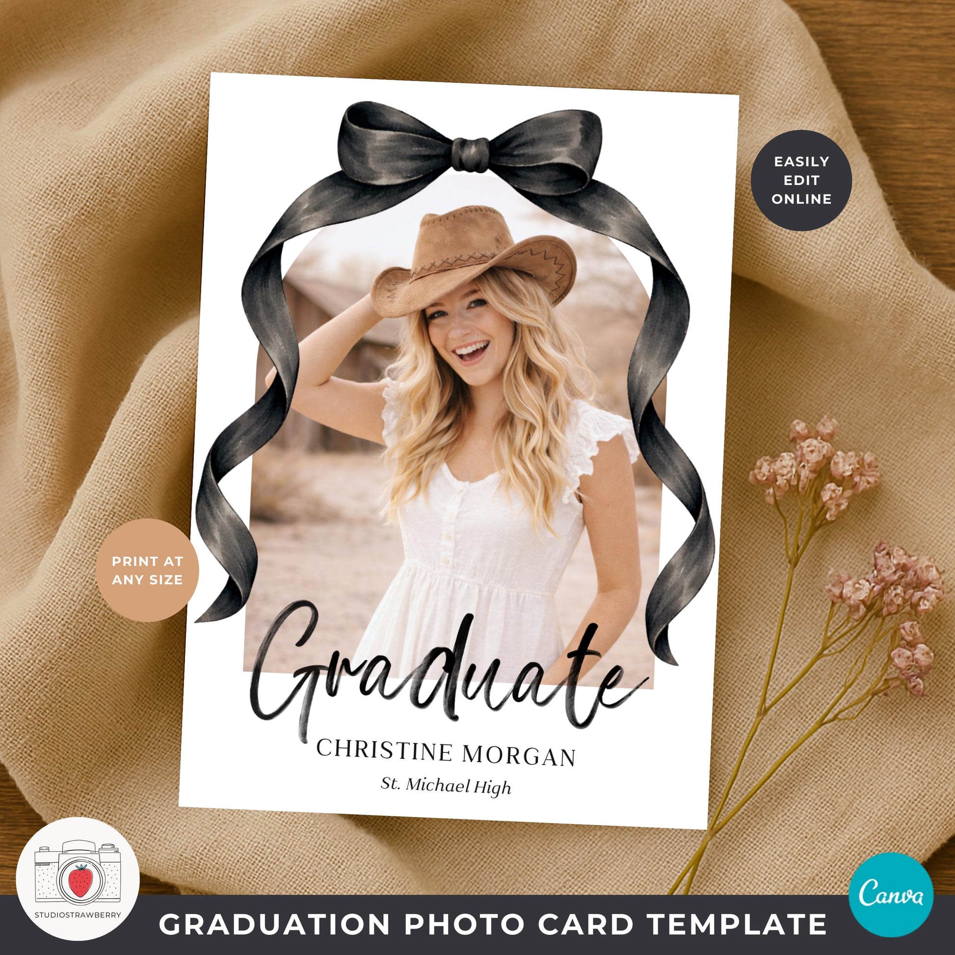 Black bow graduation card template with large senior photo and elegant script headline for Class of 2026.