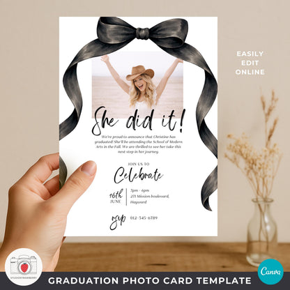 Graduation party invitation with photo and black ribbon frame detail.