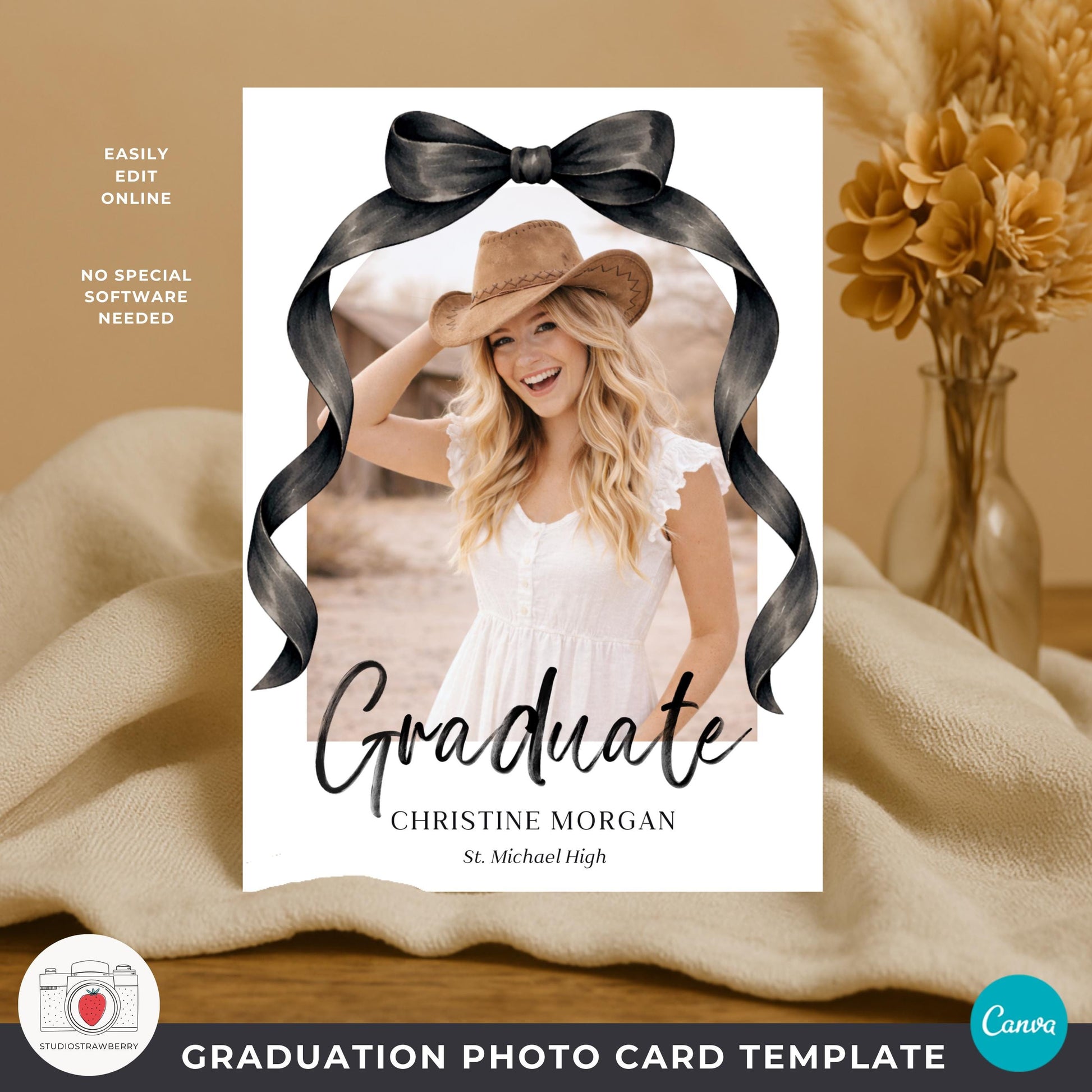 Editable graduation photo card featuring minimalist black ribbon artwork.