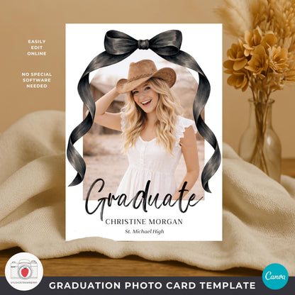 Editable graduation photo card featuring minimalist black ribbon artwork.