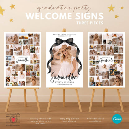 Black Bow Graduation Welcome Sign Set of 3, Senior Photo Collage Poster, Class of 2026 Party Sign Template Canva