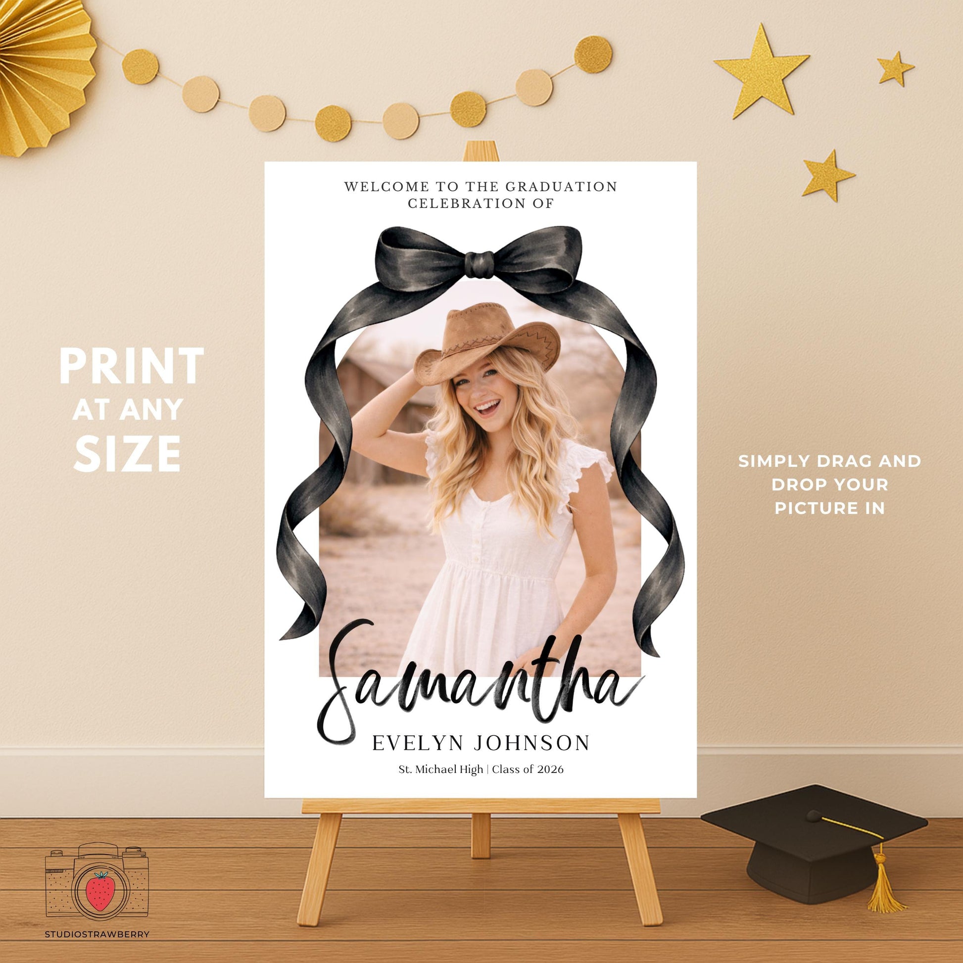 Black Bow Graduation Welcome Sign Set of 3, Senior Photo Collage Poster, Class of 2026 Party Sign Template Canva