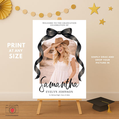 Black Bow Graduation Welcome Sign Set of 3, Senior Photo Collage Poster, Class of 2026 Party Sign Template Canva