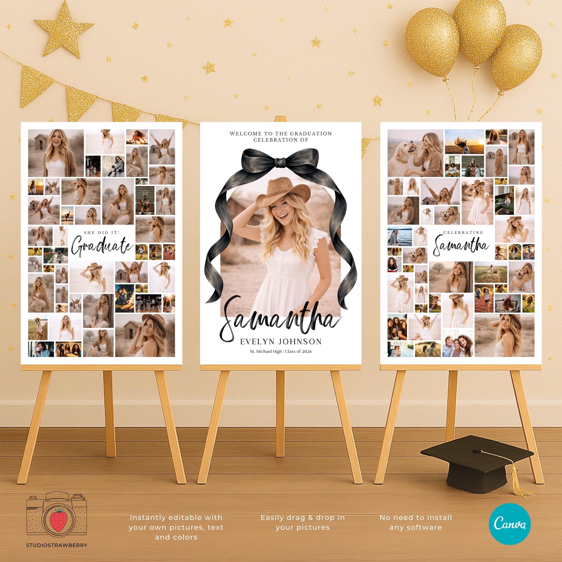 Black Bow Graduation Welcome Sign Set of 3, Senior Photo Collage Poster, Class of 2026 Party Sign Template Canva