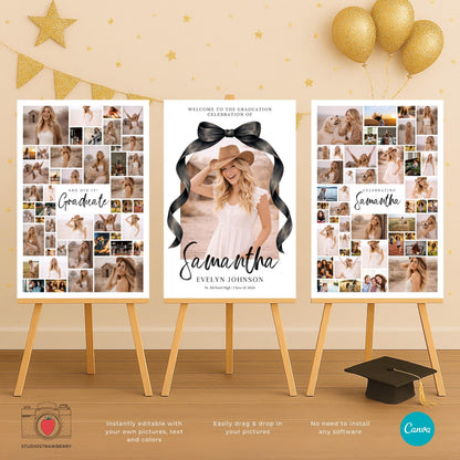 Black Bow Graduation Welcome Sign Set of 3, Senior Photo Collage Poster, Class of 2026 Party Sign Template Canva