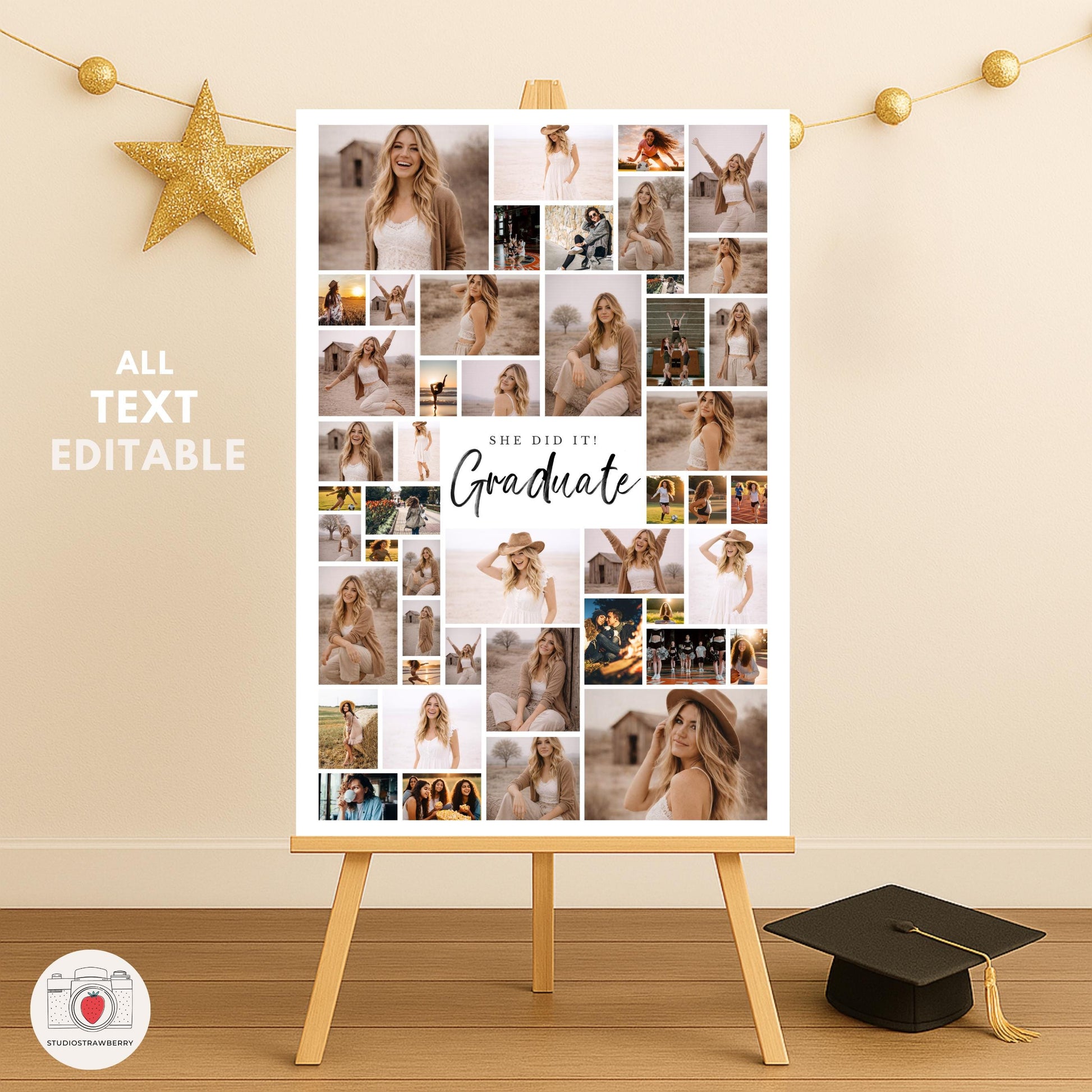 Black Bow Graduation Welcome Sign Set of 3, Senior Photo Collage Poster, Class of 2026 Party Sign Template Canva