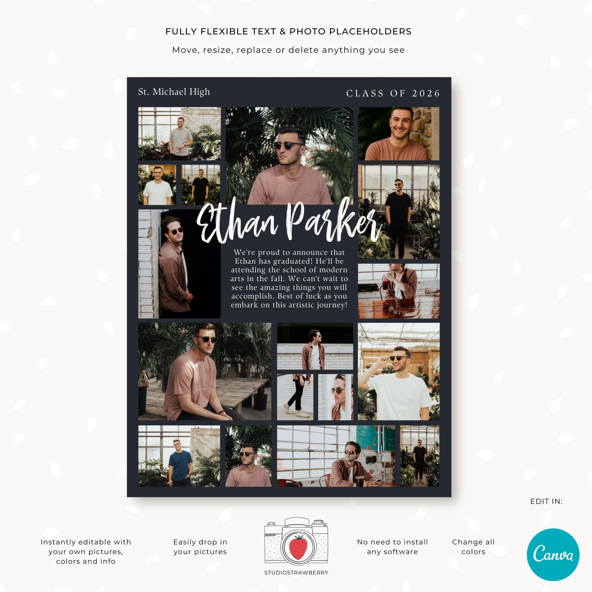 Boys graduation photo collage ad editable in Canva