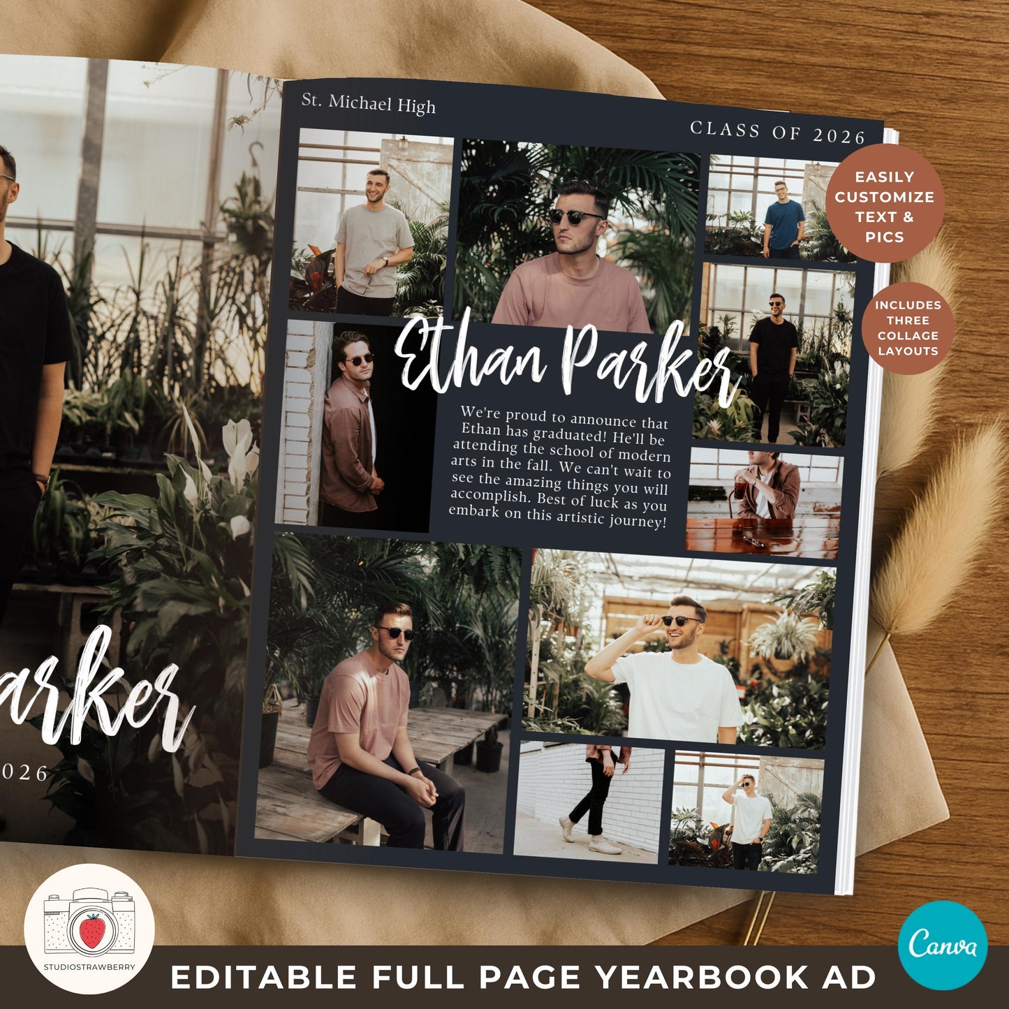 Full page yearbook ad for boys with modern photo collage and center text