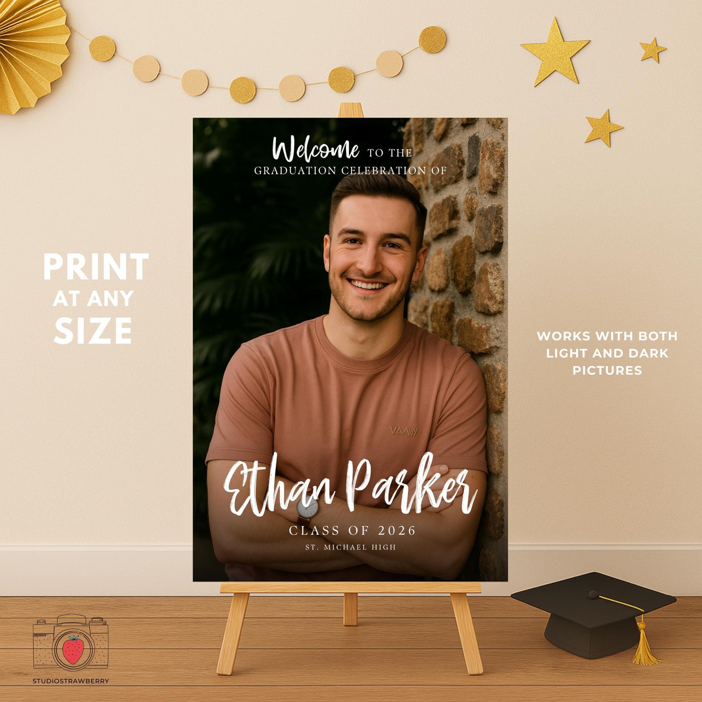 High school graduation welcome sign for boys displayed on easel for party entrance decor.