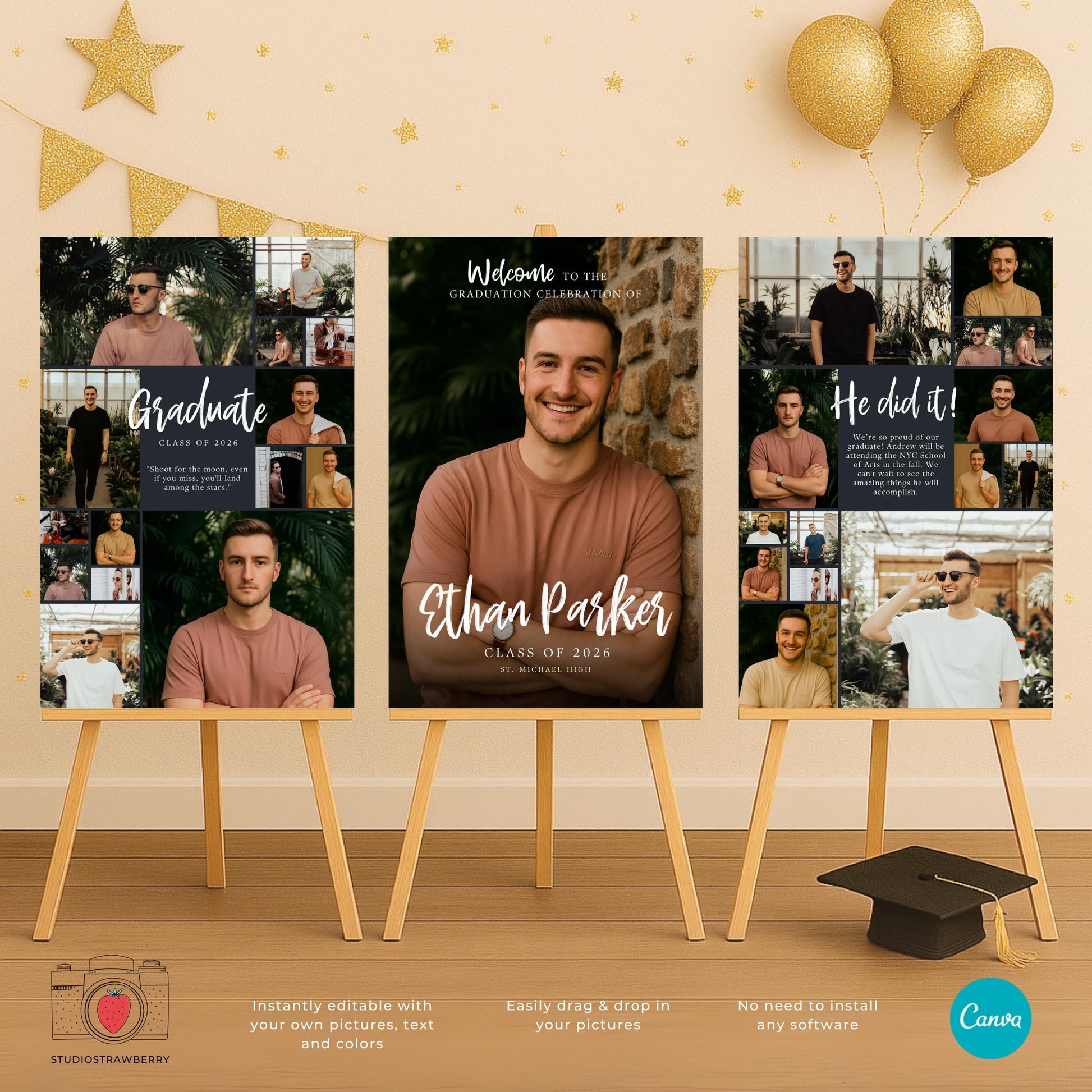 Class of 2026 graduation party decor sign with large center portrait layout.