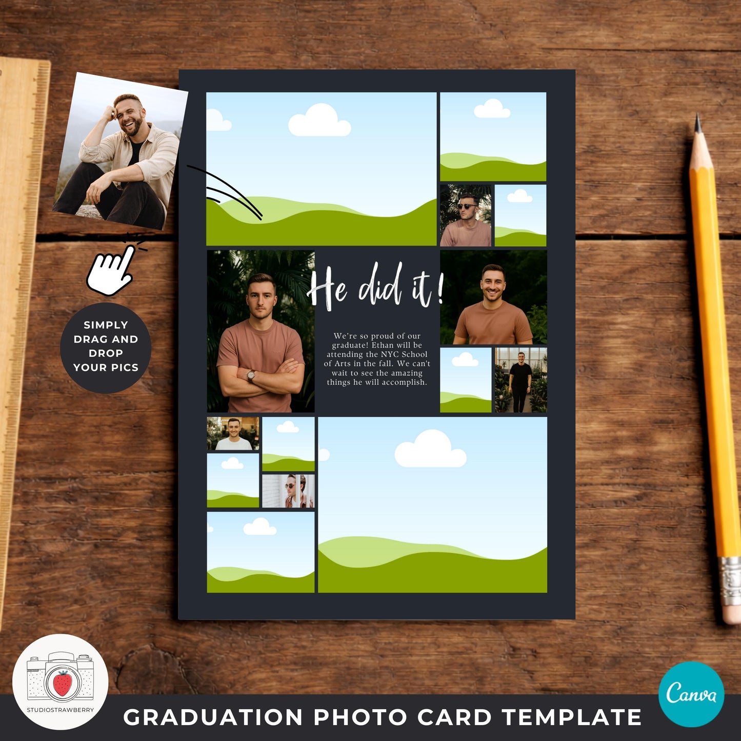 editable graduation photo card template for male graduate announcement with large year number design