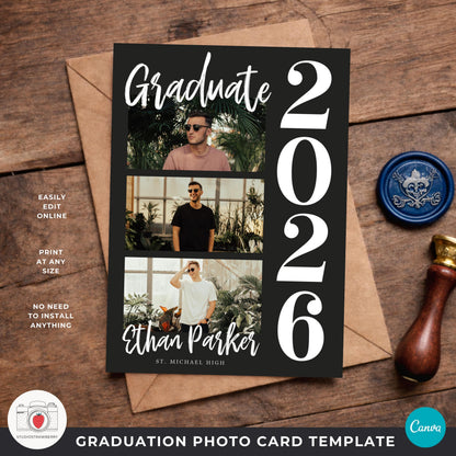 male graduation photo card template featuring class of 2026 year number design and photo collage layout for senior boys