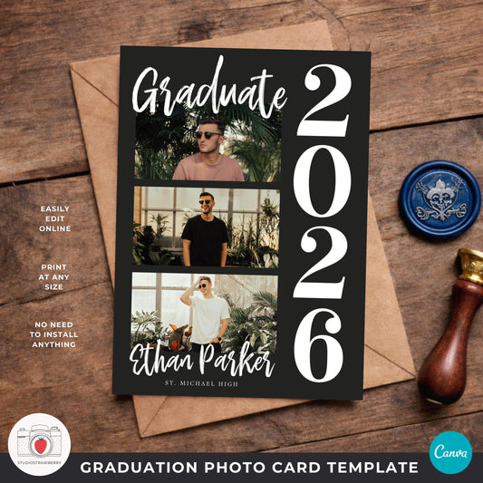 male graduation photo card template featuring class of 2026 year number design and photo collage layout for senior boys
