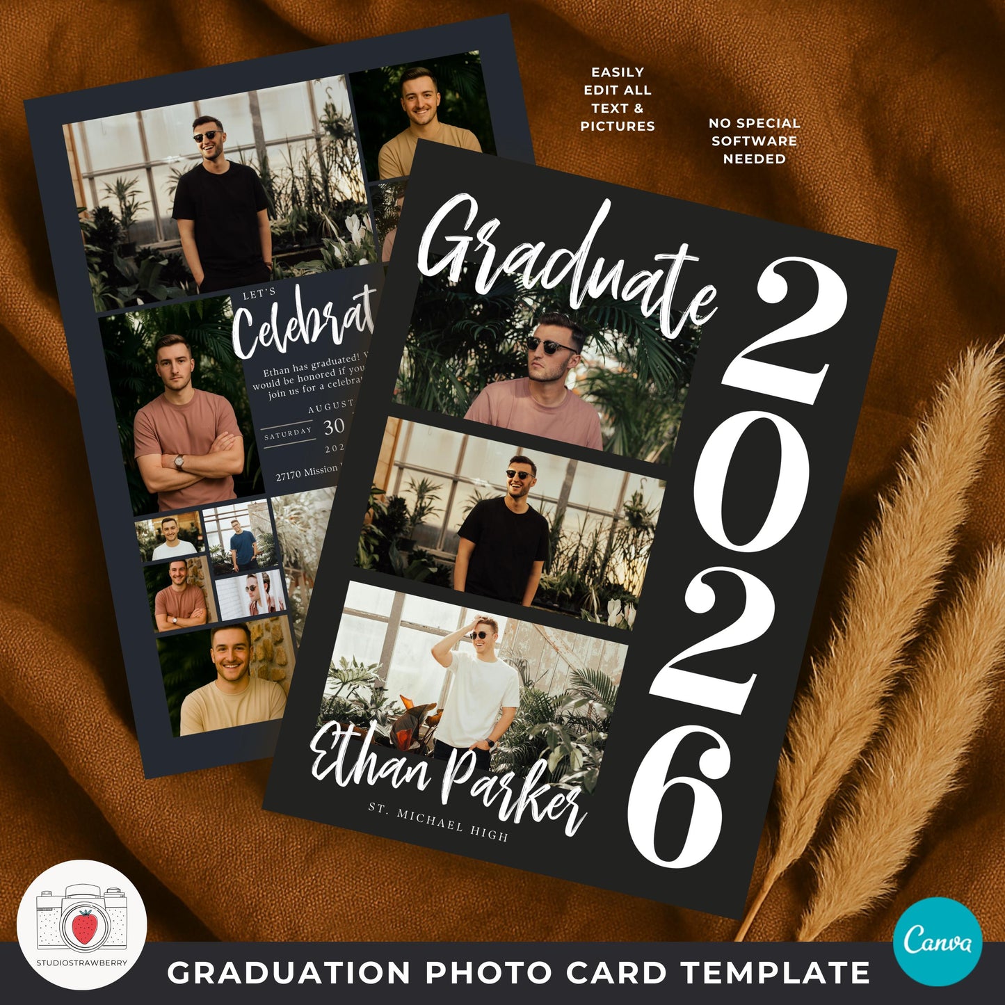 graduation announcement template with vertical year number layout for class of 2026 male graduates