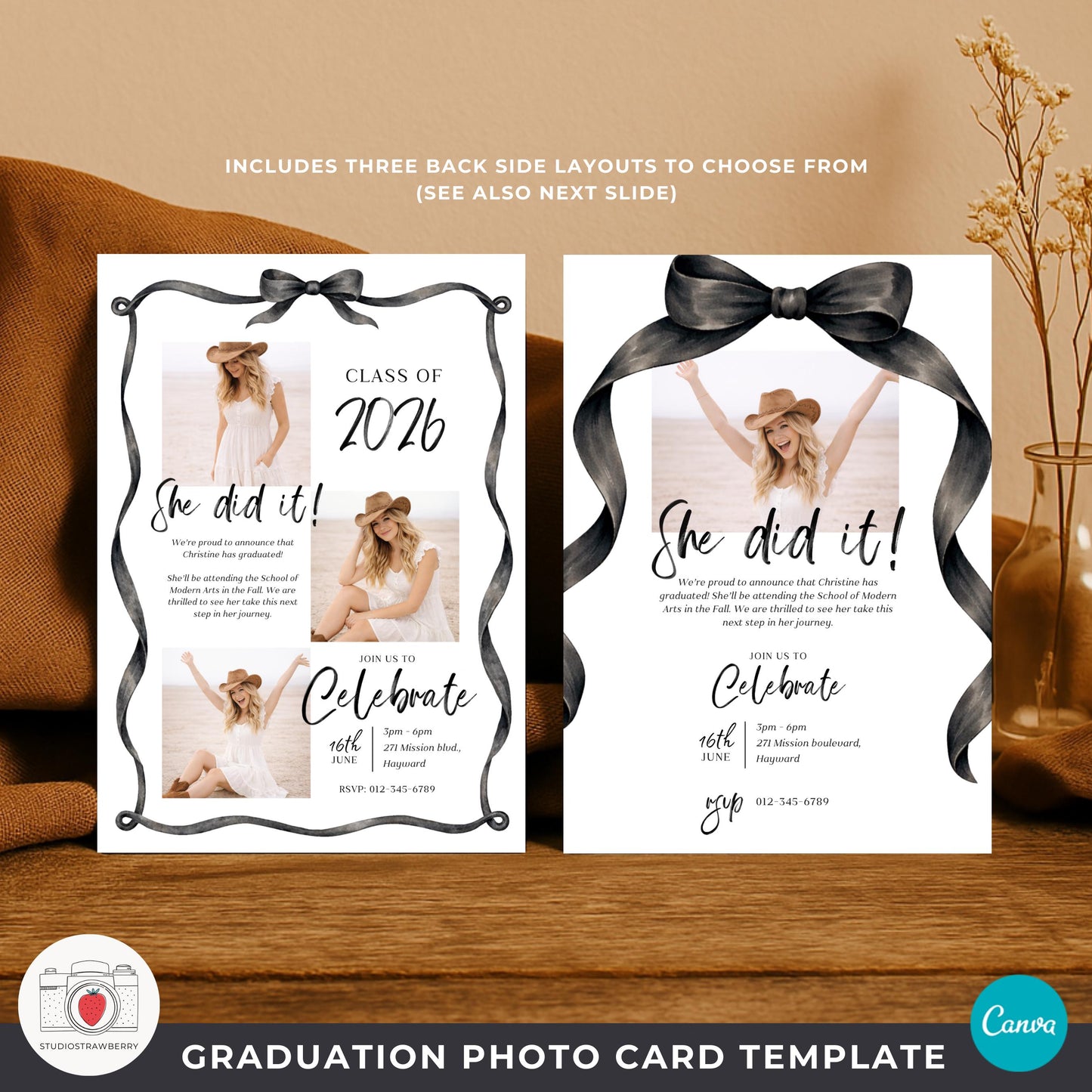 Graduation announcement with black bow and ribbon frame featuring photo collage back layout.