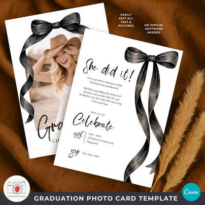 Elegant graduation photo card with bow design in minimalist white and black style.