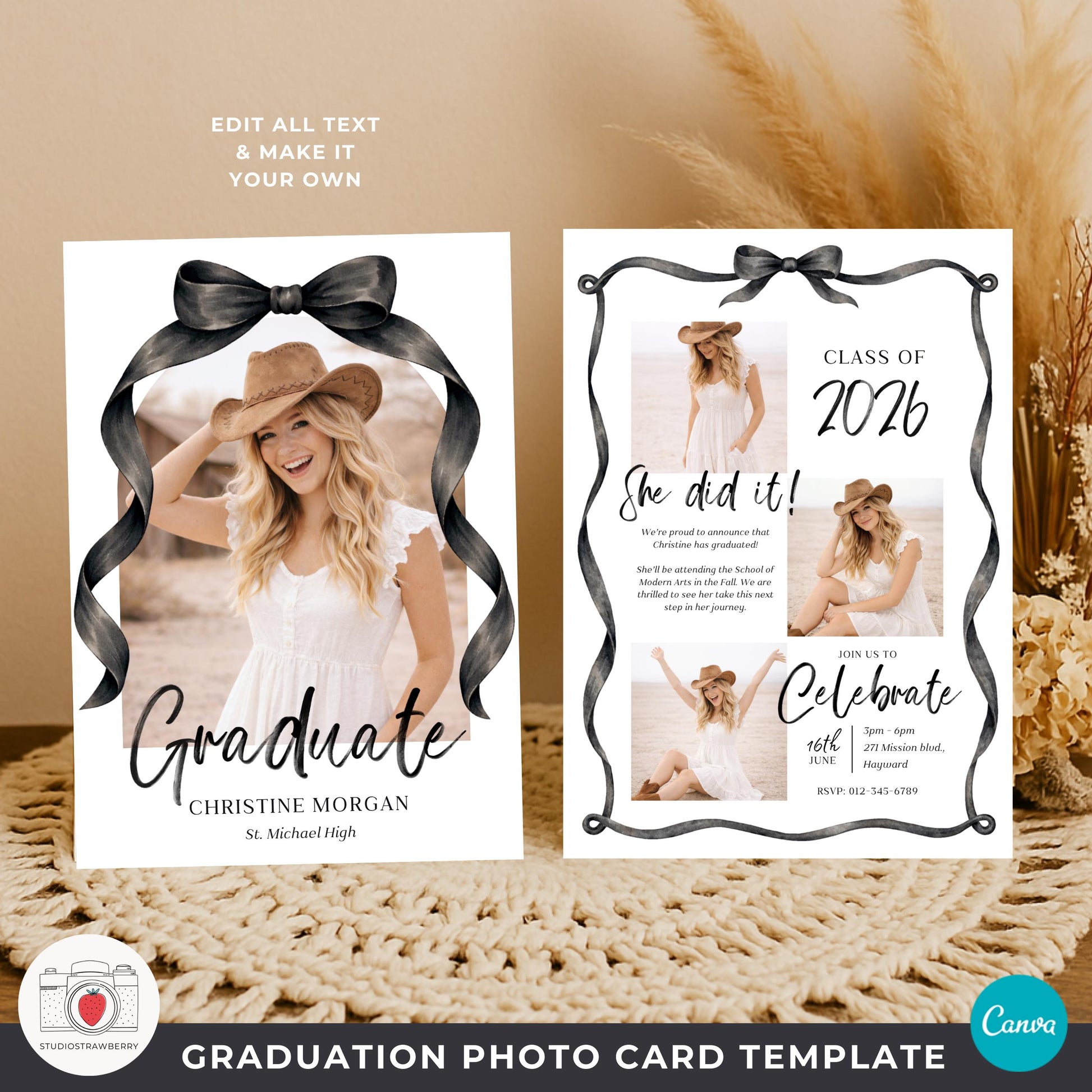 Modern black bow grad announcement with editable front and back design options.