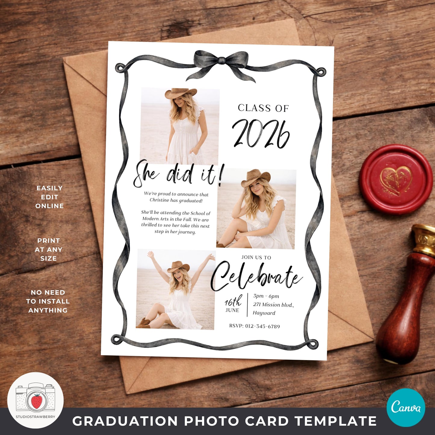 Graduation invite with black ribbon frame and three back side options.