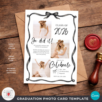 Graduation invite with black ribbon frame and three back side options.
