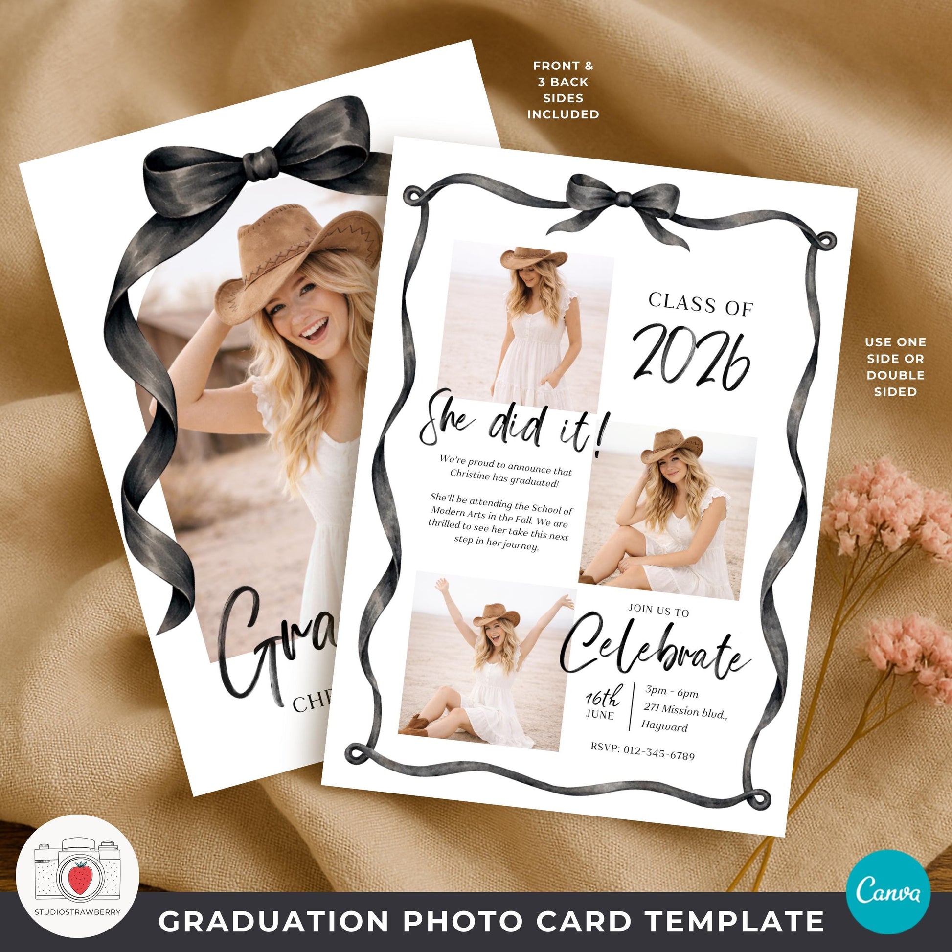 Graduation announcement Canva template with elegant black bow graphic.