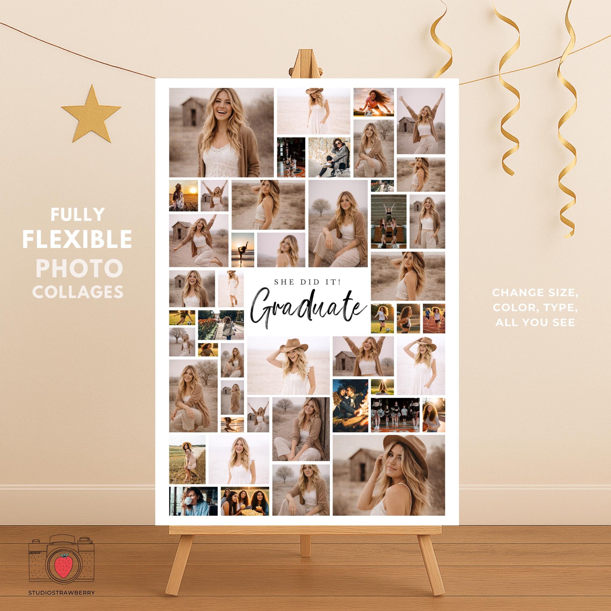 Black Bow Graduation Welcome Sign Set of 3, Senior Photo Collage Poster, Class of 2026 Party Sign Template Canva
