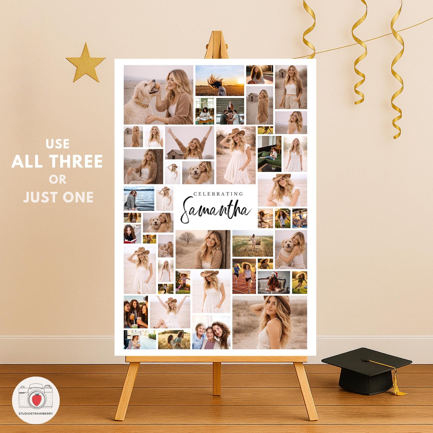 Black Bow Graduation Welcome Sign Set of 3, Senior Photo Collage Poster, Class of 2026 Party Sign Template Canva