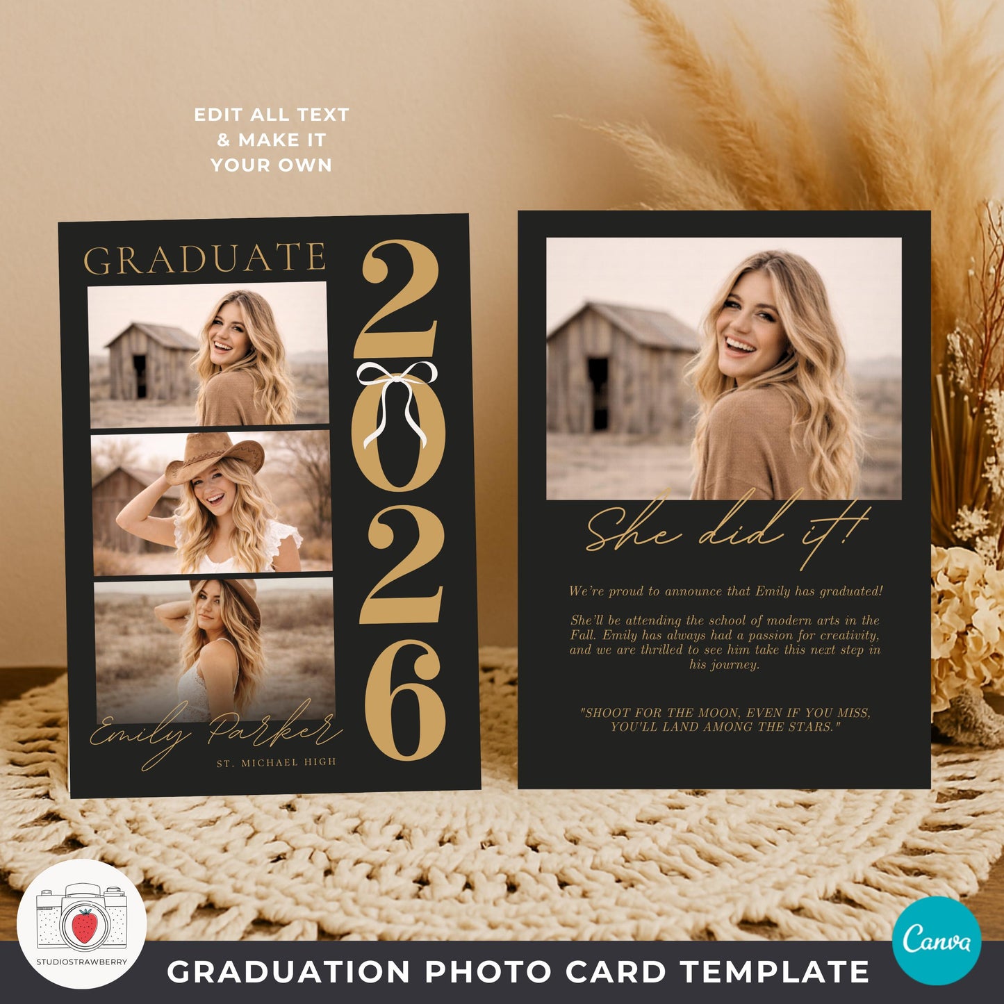 Black gold graduation card with vertical 2026 numbers elegant senior announcement