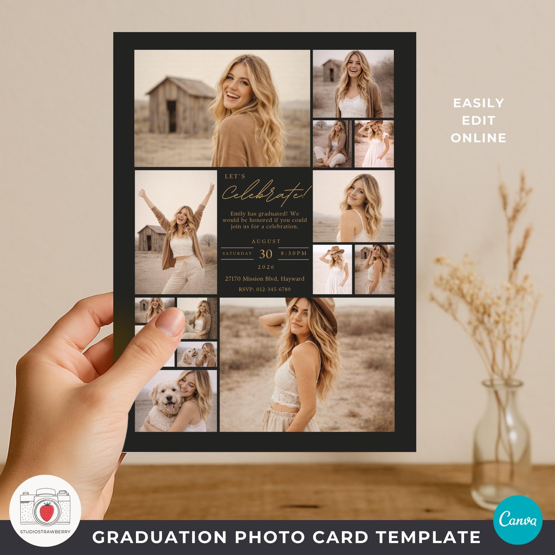 Black gold graduation party invitation template class of 2026 with photo collage