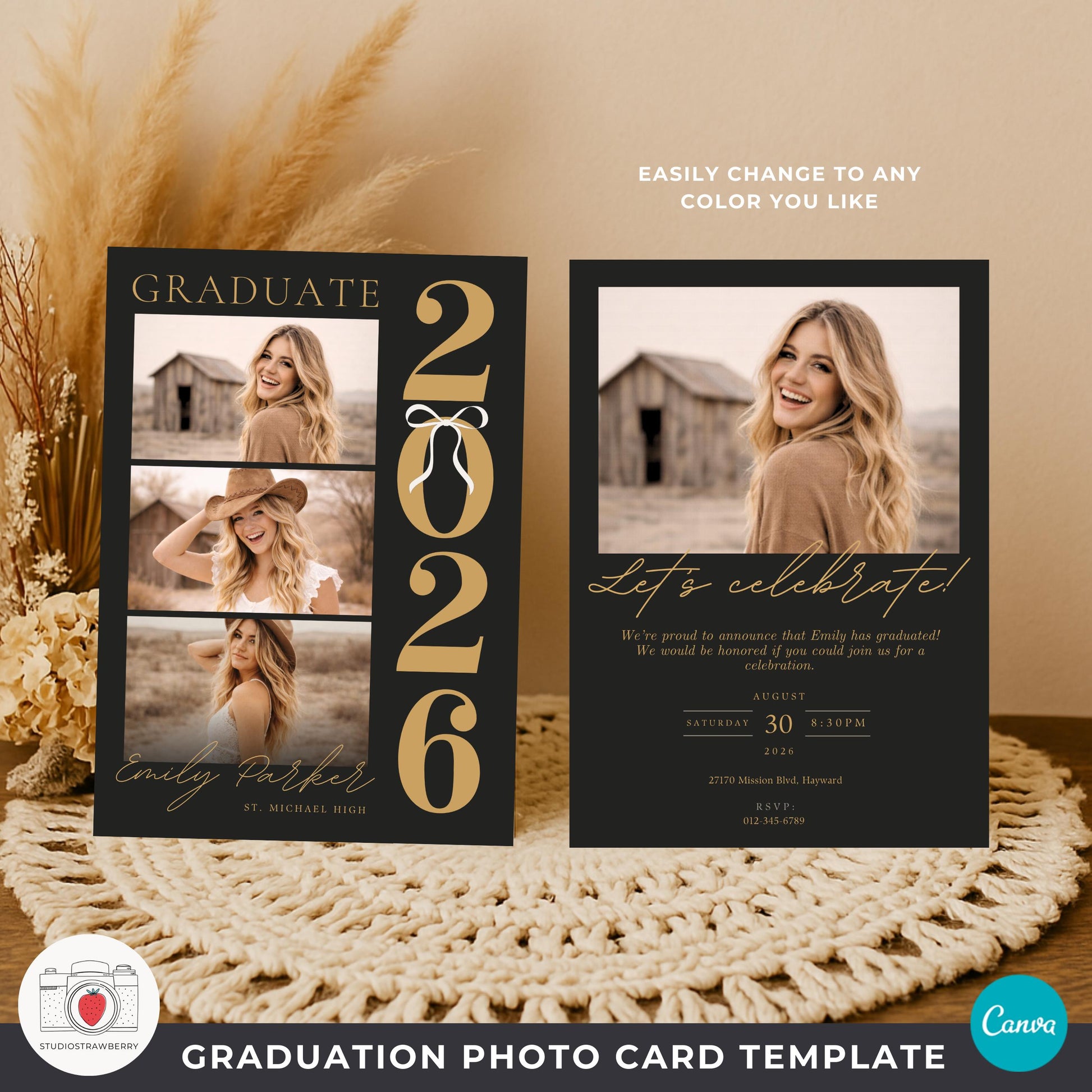 Black gold graduation announcement with ribbon and vertical year numbers