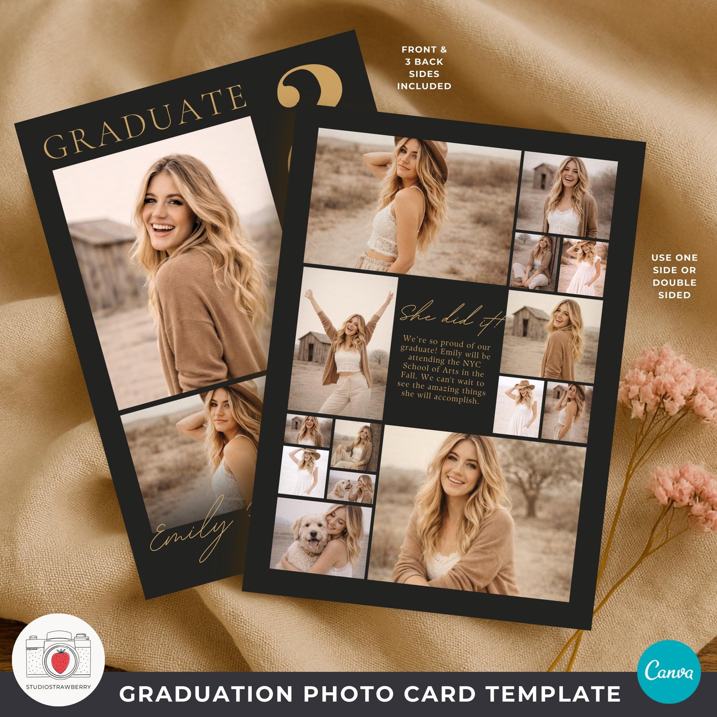 Class of 2026 senior announcement black gold collage photo card template