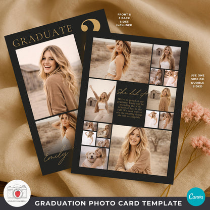 Class of 2026 senior announcement black gold collage photo card template