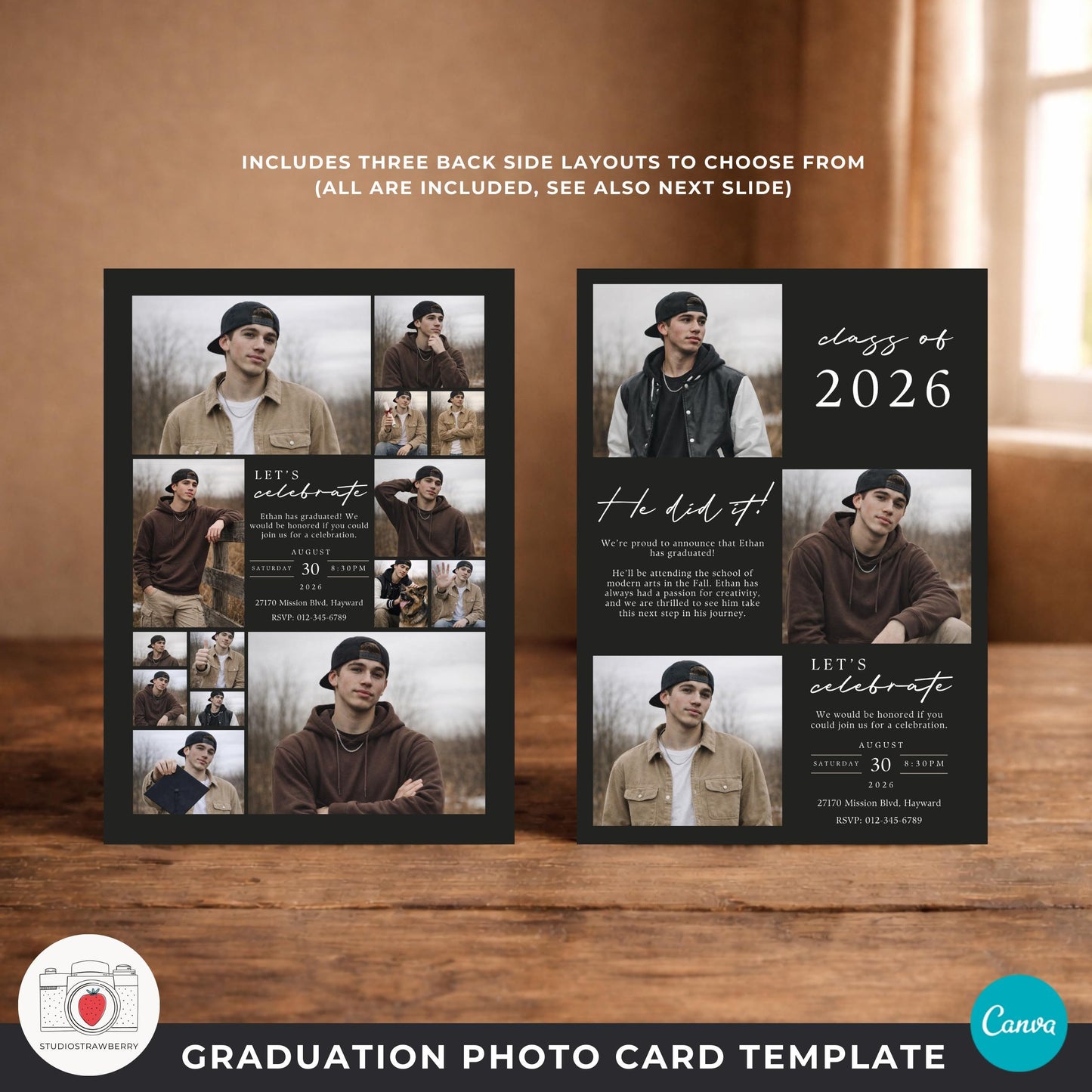 modern male senior graduation announcement template with large portrait photo