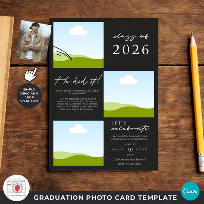 class of 2026 male graduation announcement card editable in Canva