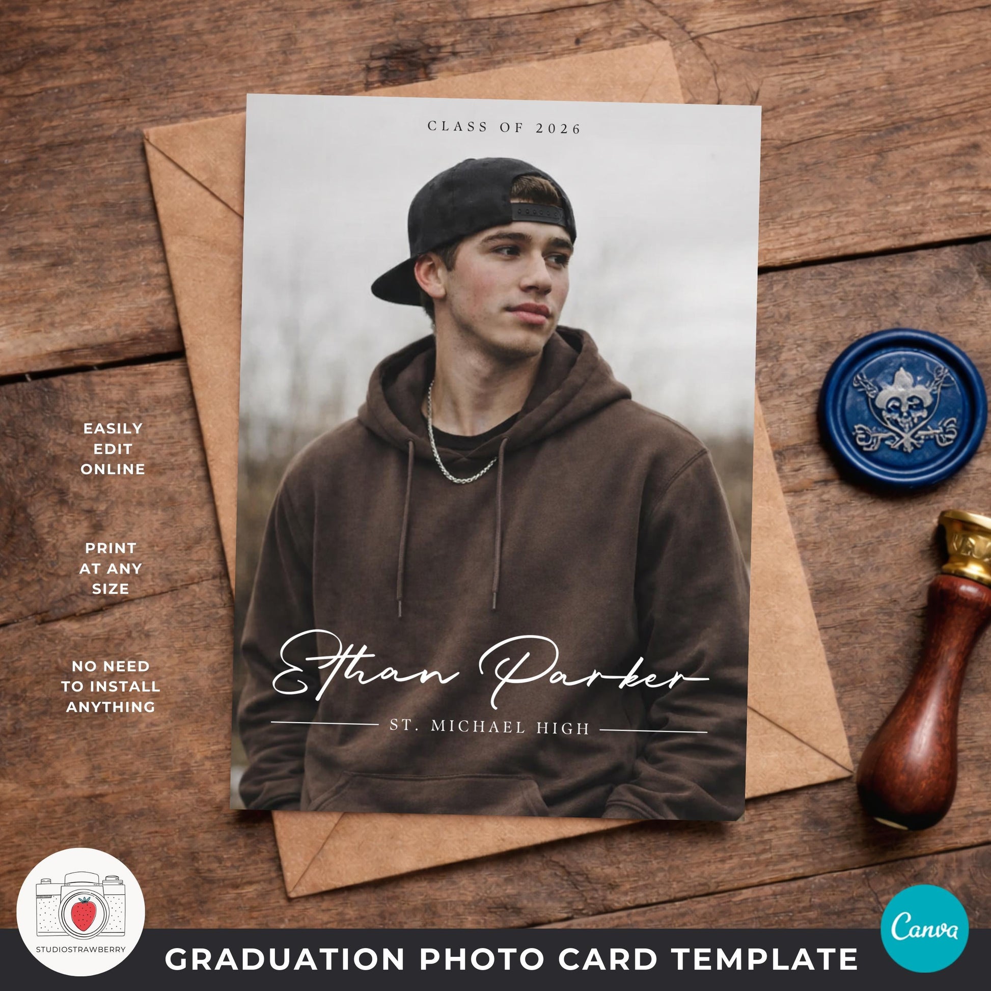 male graduation photo card template class of 2026 with handwritten script name design