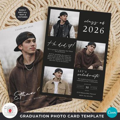 senior boy graduation photo collage card template with modern layout