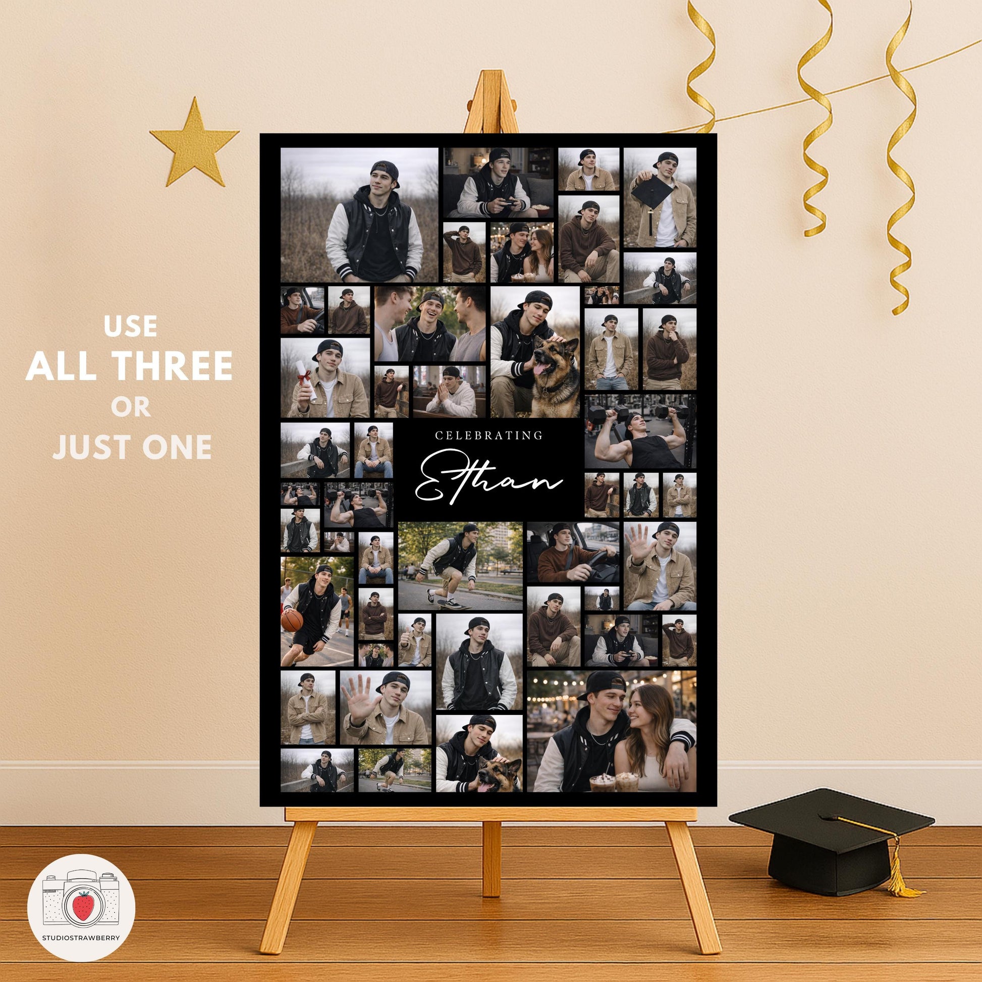 Graduation welcome board with photos collage layout for senior party decorations