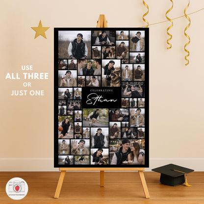 Graduation welcome board with photos collage layout for senior party decorations
