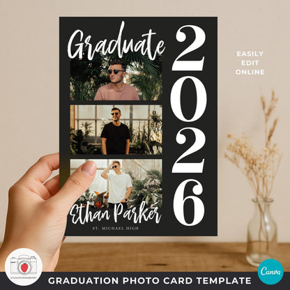 modern graduation photo collage card template for class of 2026 with customizable text and photos