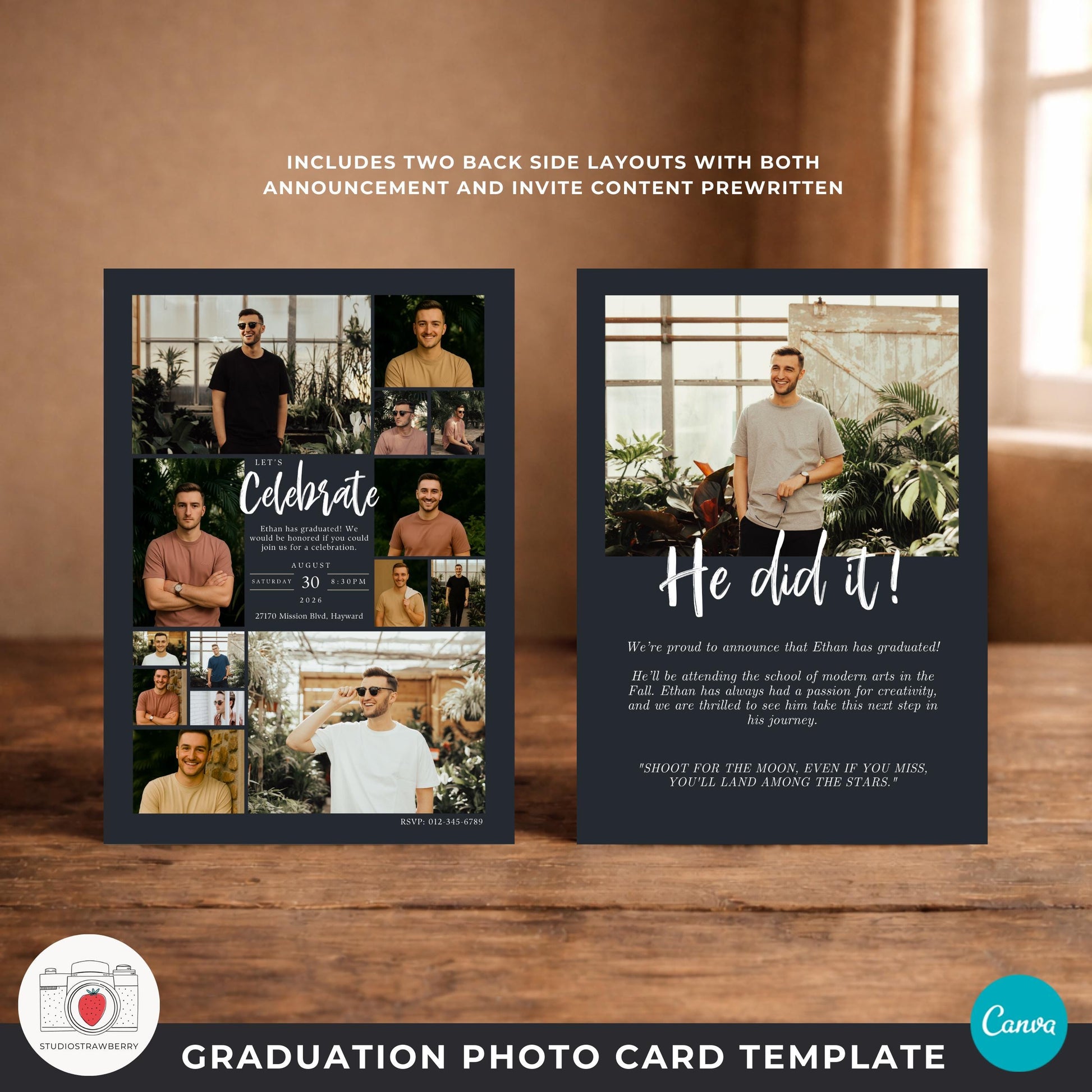 class of 2026 graduation announcement photo card template designed for male graduates with modern typography