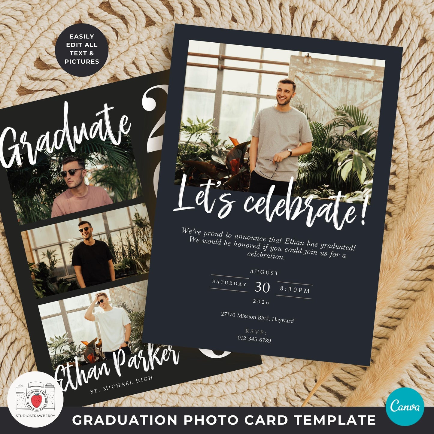 high school graduation photo card template showing modern senior photo collage announcement layout