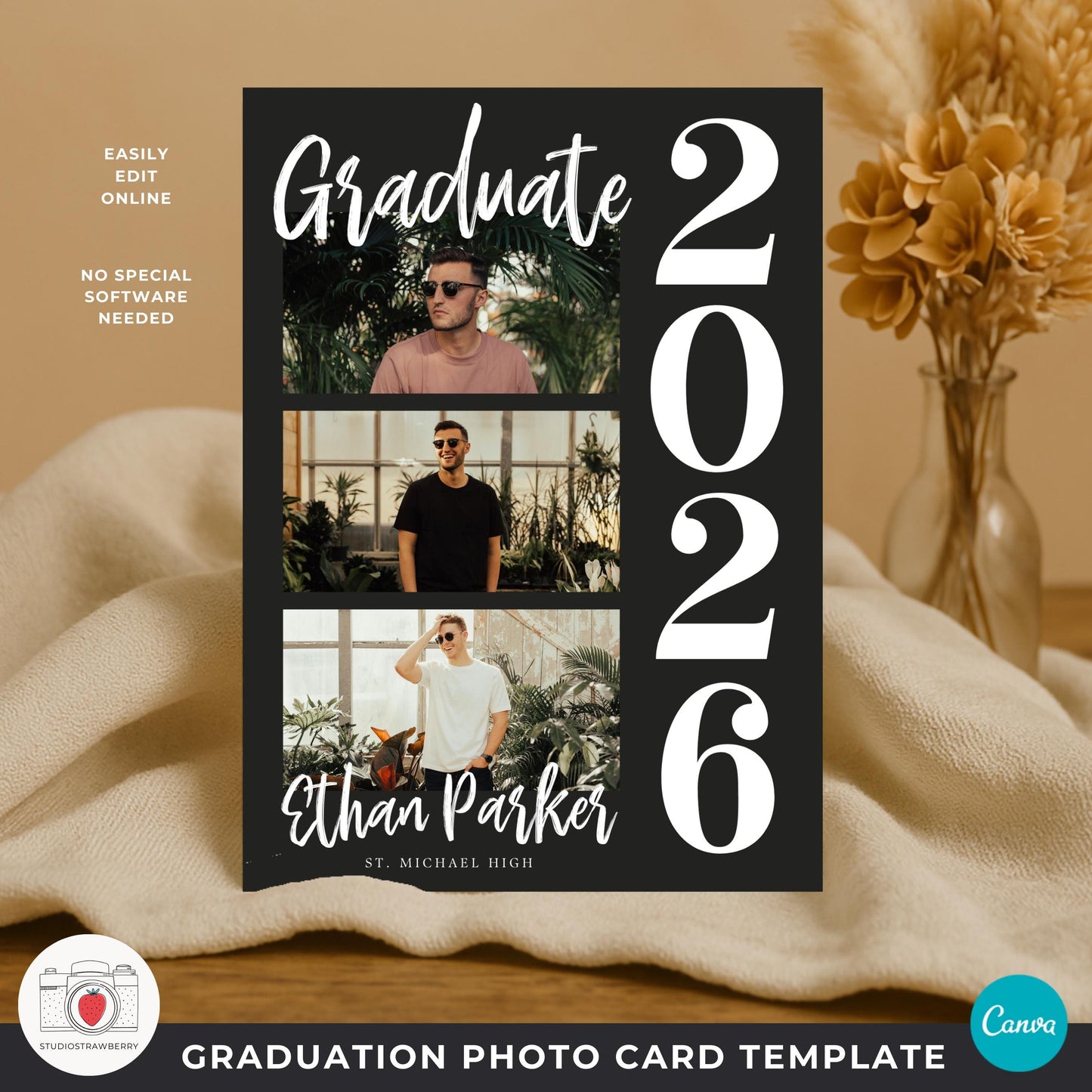 editable senior graduation announcement card featuring modern photo collage layout