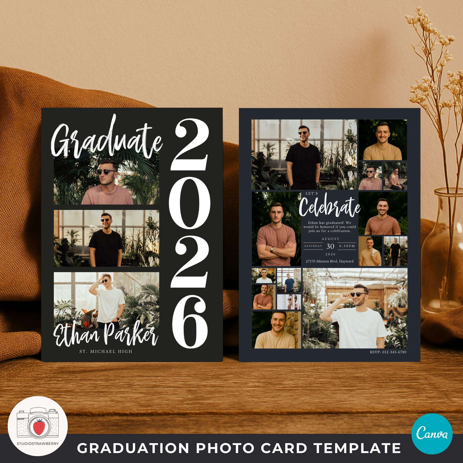 graduation announcement with party invite template including event details layout