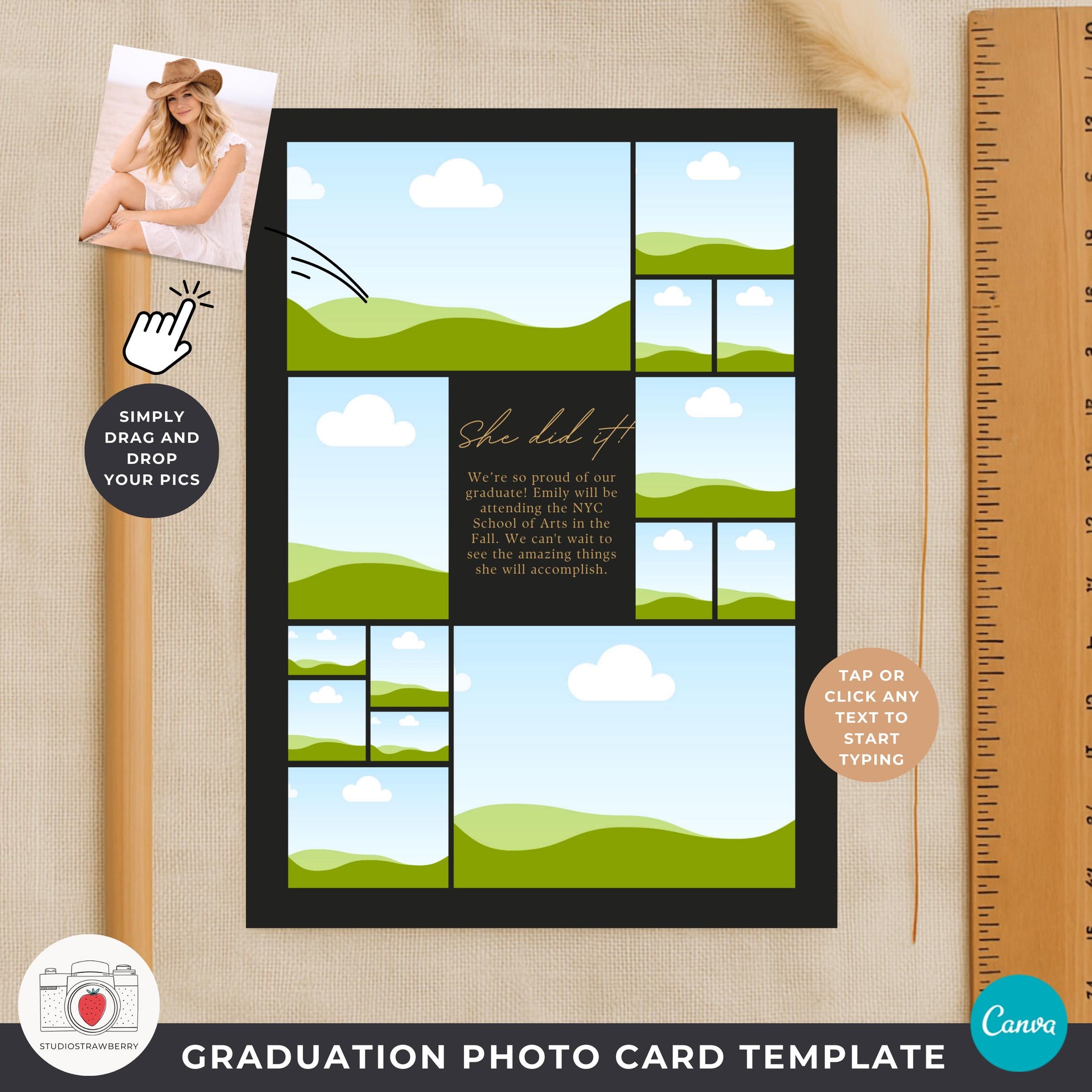 Senior graduation announcement black gold vertical numbers photo card