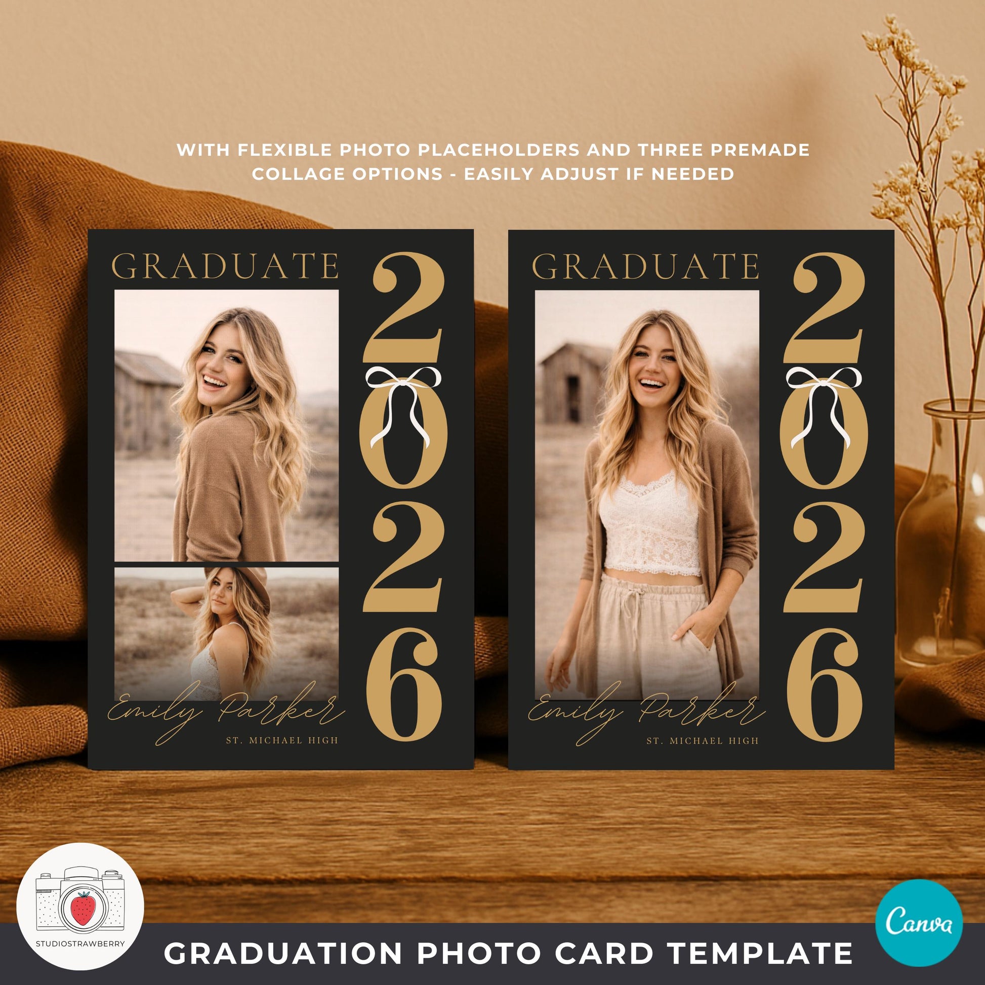 Class of 2026 black gold graduation announcement photo card with vertical year numbers layout