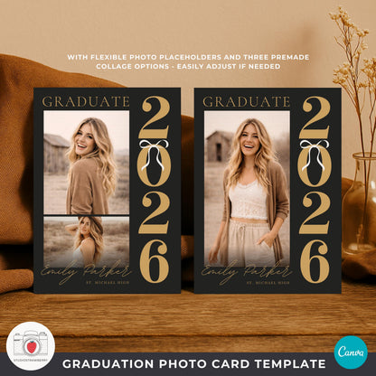 Class of 2026 black gold graduation announcement photo card with vertical year numbers layout