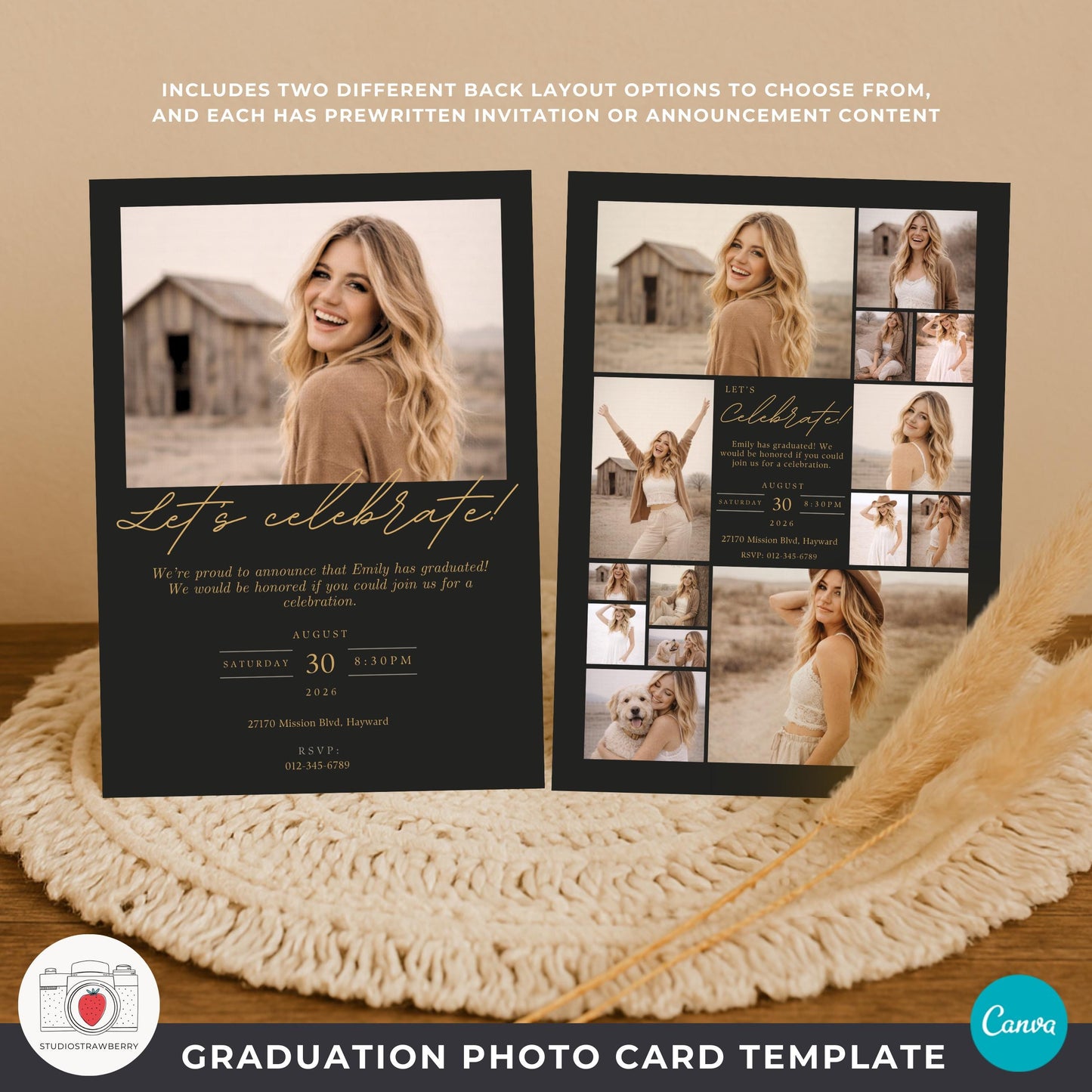 Black gold graduation collage photo card template 2026 with ribbon accent